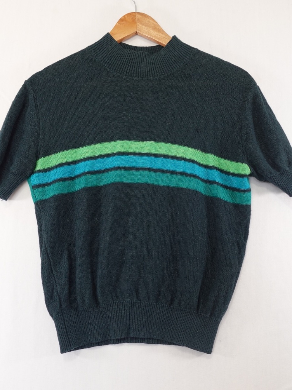 Free People Green Striped Sweater S Short Sleeve Mock Neck Cropped Preppy